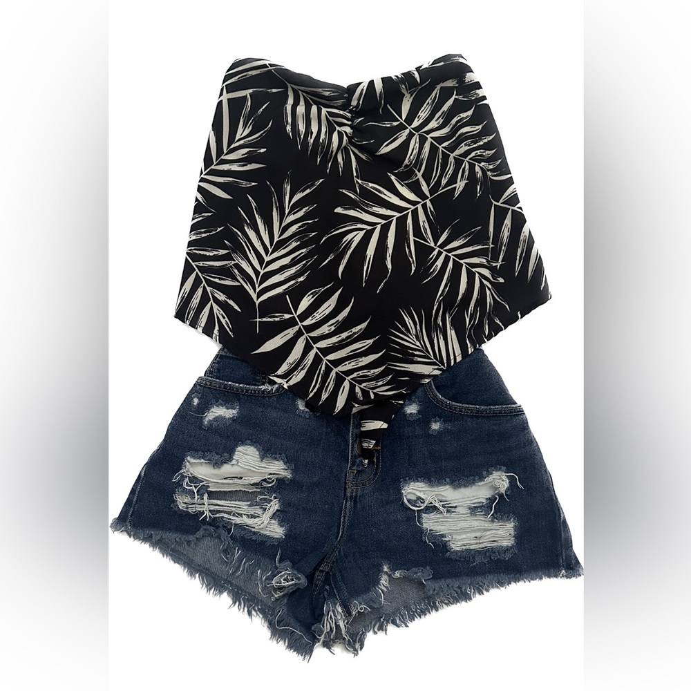 Black Floral Bandana Crop Top Tie Back Size Medium